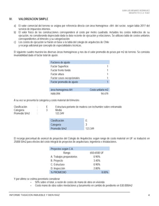 JUAN LUIS MENARES RODRIGUEZ
ARQUITECTO I.C.A. 10.867
INFORME TASACION INMUEBLE Y BIEN RAIZ 4
IV. VALORIZACION SIMPLE
a) El valor comercial del terreno se asigna por referencia directa con área homogénea –AH- del sector, según tabla 2017 del
servicio de impuestos internos.
b) El valor físico de las construcciones corresponderá al costo por metro cuadrado, incluidos los costos indirectos de su
ejecución, no considerando depreciado dada la data reciente de ejecución y refacciones. Se utilizara tabla de costos unitarios
correspondientes al trimestre y su categorización.
c) Los costos de ejecución se harán en base a la tabla del colegio de arquitectos de Chile
y recargo adicional por concepto de especialidades técnicas.
El siguiente cuadro muestra las diversas áreas homogéneas y nos da el valor promedio de pesos por m2 de terreno. Se constata
invariabilidad dado el factor total de ajuste.
Factores de ajuste
Factor Superficie 1
Factor frente fondo 1
Factor altura 1
Factor casos excepcionales 1
Factor promedio de ajuste 1
área homogénea AH Costo unitario m2
HAA 094 94.479
A su vez se presenta la categoría y costo material del trimestre.
Clasificación : E Estructura portante de madera con techumbre sobre entramado
Categoría : 3 Media
Promedio $/m2 : 123.349
Clasificación E:
Categoría 3
Promedio $/m2 123.349
El recargo porcentual de arancel de proyectos del Colegio de Arquitectos según rango de costo material en UF se traducirá en
25000 $/m2 para efectos del costo integral de proyectos de arquitectura, ingeniería e instalaciones.
Proyectos según C.A.
Rango 650-6500 UF
A. Trabajos preparatorios 0.90%
B. Proyecto 3.40%
C. Estructura 0.90%
D. Inspección 2.80%
% PROMEDIO 8.00%
Y por último se estima perentorio considerar
- 50% sobre el total, a razón de costos de mano de obra en vivienda
- Costo mano de obra sobre nivelaciones y basamento en cambio de pendiente en $30.000/m2
 