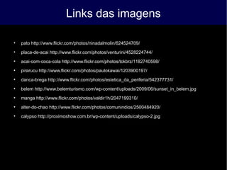 Links das imagens

pato http://www.flickr.com/photos/ninadalmolin/624524709/

placa-de-acai http://www.flickr.com/photos/venturini/4528224744/

acai-com-coca-cola http://www.flickr.com/photos/tckbrz/1182740598/

pirarucu http://www.flickr.com/photos/paulokawai/1203900197/

danca-brega http://www.flickr.com/photos/estetica_da_periferia/542377731/

belem http://www.belemturismo.com/wp-content/uploads/2009/06/sunset_in_belem.jpg

manga http://www.flickr.com/photos/valdir1h/2047199310/

alter-do-chao http://www.flickr.com/photos/comunindios/2500484920/

calypso http://proximoshow.com.br/wp-content/uploads/calypso-2.jpg
 