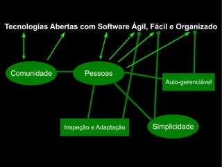 Tecnologias Abertas com Software Ágil, Fácil e Organizado




 Comunidade          Pessoas
                                           Auto-gerenciável




               Inspeção e Adaptação    Simplicidade
 