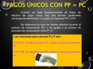 Cuando se trata exclusivamente de flujos de
efectivo de pago único, hay dos formas igualmente
correctas de determinar i y n para los factores P/F y F/P.
Se determina la tasa de interés efectiva durante el
periodo de composición PC, y se iguala n al número de
periodos de composición entre P y F.
Las relaciones para calcular P y F son:
P=F (P/F, i% efectiva por PC, número total de periodos
n)
F=P (F/B, i% efectiva por PC, número total de periodos
n)
 