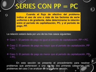 La relación estará dada por uno de los tres casos siguientes:
 Caso 1. El periodo de pago es igual al periodo de capitalización, PP = PC.
 Caso 2. El periodo de pago es mayor que el periodo de capitalización, PP
> PC.
 Caso 3. El periodo de pago es menor que el periodo de capitalización, PP
< PC.
En esta sección se presenta el procedimiento para resolver
problemas que pertenecen a una de las dos primeras categorías. Los
problemas del caso 3 se analizan en la siguiente sección.
Cuando el flujo de efectivo del problema
indica el uso de uno o más de los factores de serie
uniforme o de gradiente, debe determinarse la relación
entre el periodo de capitalización, PC, y el periodo de
pago, PP.
 