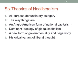 4




Six Theories of Neoliberalism
1. All-purpose denunciatory category
2. The way things are
3. An Anglo-American form of national capitalism
4. Dominant ideology of global capitalism
5. A new form of governmentality and hegemony
6. Historical variant of liberal thought
 