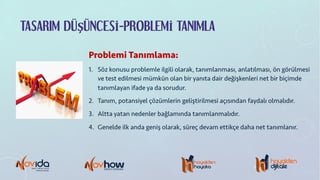 TASARIM DÜŞÜNCESİ-PROBLEMİ TANIMLA
Problemi Tanımlama:
1. Söz konusu problemle ilgili olarak, tanımlanması, anlatılması, ön görülmesi
ve test edilmesi mümkün olan bir yanıta dair değişkenleri net bir biçimde
tanımlayan ifade ya da sorudur.
2. Tanım, potansiyel çözümlerin geliştirilmesi açısından faydalı olmalıdır.
3. Altta yatan nedenler bağlamında tanımlanmalıdır.
4. Genelde ilk anda geniş olarak, süreç devam ettikçe daha net tanımlanır.
 