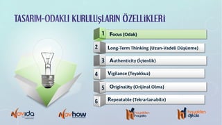 TASARIM-ODAKLI KURULUŞLARIN ÖZELLİKLERİ
Focus (Odak)
Long-Term Thinking (Uzun-Vadeli Düşünme)
Authenticity (İçtenlik)
Vigilance (Teyakkuz)
Repeatable (Tekrarlanabilir)
Originality (Orijinal Olma)
 
