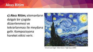 Akıcı Ritim
c) Akıcı Ritim; elemanların
dalgalı bir çizgide
düzenlenmesi ve
tekrarlanması ile meydana
gelir. Kompozisyona
hareket etkisi verir.
Vincent van Gogh- Yıldızlı Gece / Yağlı boya (1889)
 
