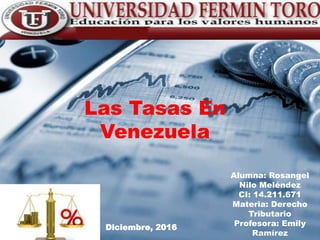 Alumna: Rosangel
Nilo Meléndez
CI: 14.211.671
Materia: Derecho
Tributario
Profesora: Emily
Ramírez
Diciembre, 2016
Las Tasas En
Venezuela
 