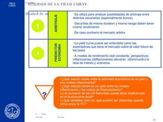 UTILIDAD DE LA YIELD CURVE ¿Qué  relación  existe entre la actividad económica de un país y sus niveles inflacionarios? ¿Qué relación existe en un país entre los niveles inflacionarios y los costos de financiamiento? ¿Un aumento de los US Securities puede tener implicancias en el la economía local? ¿Qué variables cree Ud. que pueden ser obtenidas usando como proxy la YC? ¿Qué relación existe entre la actividad económica de un país y sus niveles inflacionarios? ¿Qué relación existe en un país entre los niveles inflacionarios y los costos de financiamiento? ¿Un aumento de los US Securities puede tener implicancias en el la economía local? ¿Qué variables cree Ud. que pueden ser obtenidas usando como proxy la YC? ? ARBITRAJE Se utiliza para analizar posibilidades de arbitraje entre distintos securieties (especialmente bonos) Securities de misma duration y mismo riesgo deben tener mismo rendimiento De caso contrario el mercado arbitra. 1 PREDICTOR ECONOMIA La yield curve puede ser entendida como las expectativas que tiene el mercado sobre el valor futuro de las tasas A niveles de rendimiento real constante, perspectivas inflacionarias (deflacionarias) elevaran  (disminuirán) la tasa de interés y viceversa. 2 