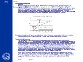 Demand-Related Factors  Inflation If we assume that borrowers of U.S. debt expect a given real return, then an increase in expected inflation will increase the  nominal  interest   rate  (the nominal yield = real yield + inflation). Inflation also explains why short-term rates move more rapidly than long-term rates: when the Fed raises short-term rates, long-term rates increase to reflect the expectation of higher future short-term rates; however, this increase is mitigated by lower inflation expectations as higher short-term rates also suggest lower inflation (as the Fed sells/supplies more short-term Treasuries, it collects money and tightens the money supply):  An increase in feds funds (short-term) tends to flatten the curve because the yield curve reflects nominal interest rates: higher nominal = higher real interest rate + lower inflation.  Fundamental Economics The factors that create demand for Treasuries include economic growth, competitive currencies and  hedging  opportunities. Just remember: anything that increases the demand for long-term Treasury bonds puts downward pressure on interest rates (higher demand = higher price = lower yield or interest rates) and less demand for bonds tends to put upward pressure on interest rates. A stronger U.S. economy tends to make corporate (private) debt more attractive than government debt, decreasing demand for U.S. debt and raising rates. A weaker economy, on the other hand, promotes a "flight to quality", increasing the demand for Treasuries, which creates lower yields. It is sometimes assumed that a strong economy will automatically prompt the Fed to raise short-term rates, but not necessarily. Only when growth translates or overheats into higher prices is the Fed likely to raise rates. In the global economy, Treasury bonds compete with other nations's debt. On the global stage, Treasuries represent an investment in both the U.S. real interest rates and the dollar. The euro is a particularly important alternative: for most of 2003, the European Central Bank pegged its short-term rate at 2%, a more attractive rate than the fed funds rate of 1%.  
