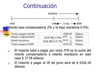Continuación
Siendo tasa compensatoria 2% y la tasa moratoria 0.5%:
a) El importe total a pagar por mora ITM es la suma del
interés compensatorio e interés moratorio en este
caso $ 77.78 dólares.
b) El importe a pagar al 30 de junio será de $ 6326.18
dólares
 
