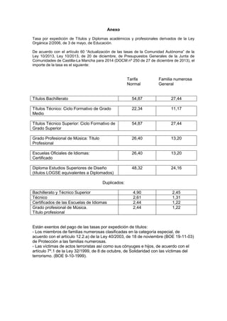 Anexo
Tasa por expedición de Títulos y Diplomas académicos y profesionales derivados de la Ley
Orgánica 2/2006, de 3 de mayo, de Educación.
De acuerdo con el artículo 60 “Actualización de las tasas de la Comunidad Autónoma” de la
Ley 10/2013, Ley 10/2013, de 20 de diciembre, de Presupuestos Generales de la Junta de
Comunidades de Castilla-La Mancha para 2014 (DOCM nº 250 de 27 de diciembre de 2013), el
importe de la tasa es el siguiente:

Tarifa
Normal

Familia numerosa
General

Títulos Bachillerato

54,87

27,44

Títulos Técnico: Ciclo Formativo de Grado
Medio

22,34

11,17

Títulos Técnico Superior: Ciclo Formativo de
Grado Superior

54,87

27,44

Grado Profesional de Música: Título
Profesional

26,40

13,20

Escuelas Oficiales de Idiomas:
Certificado

26,40

13,20

Diploma Estudios Superiores de Diseño
(títulos LOGSE equivalentes a Diplomados)

48,32

24,16

4,90
2,61
2,44
2,44

2,45
1,31
1,22
1,22

Duplicados:
Bachillerato y Técnico Superior
Técnico
Certificados de las Escuelas de Idiomas
Grado profesional de Música.
Título profesional

Están exentos del pago de las tasas por expedición de títulos:
- Los miembros de familias numerosas clasificadas en la categoría especial, de
acuerdo con el artículo 12.2.a) de la Ley 40/2003, de 18 de noviembre (BOE 19-11-03)
de Protección a las familias numerosas.
- Las víctimas de actos terroristas así como sus cónyuges e hijos, de acuerdo con el
artículo 7º.1 de la Ley 32/1999, de 8 de octubre, de Solidaridad con las víctimas del
terrorismo. (BOE 9-10-1999).

 