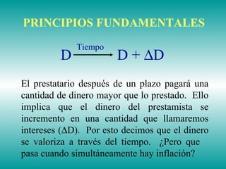 PRINCIPIOS FUNDAMENTALES
D D + ∆D
Tiempo
El prestatario después de un plazo pagará una
cantidad de dinero mayor que lo prestado. Ello
implica que el dinero del prestamista se
incremento en una cantidad que llamaremos
intereses (∆D). Por esto decimos que el dinero
se valoriza a través del tiempo. ¿Pero que
pasa cuando simultáneamente hay inflación?
 