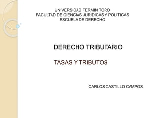 DERECHO TRIBUTARIO
TASAS Y TRIBUTOS
UNIVERSIDAD FERMIN TORO
FACULTAD DE CIENCIAS JURIDICAS Y POLITICAS
ESCUELA DE DERECHO
CARLOS CASTILLO CAMPOS
 