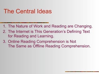 The Central Ideas

1. The Nature of Work and Reading are Changing.
2. The Internet is This Generation’s Defining Text
   for Reading and Learning.
3. Online Reading Comprehension is Not
   The Same as Offline Reading Comprehension.
 
