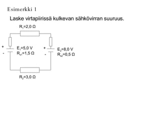 Esimerkki 1 Laske virtapiirissä kulkevan sähkövirran suuruus. E 2 =8,0 V R s2 =0,5  Ω R 1 =2,0  Ω R 2 =3,0  Ω E 1 =5,0 V R s1 =1,5  Ω + - + - 