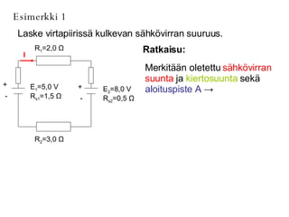 Esimerkki 1 Laske virtapiirissä kulkevan sähkövirran suuruus. Ratkaisu: Merkitään oletettu  sähkövirran suunta  ja  kiertosuunta  sekä  aloituspiste A   ->   I E 2 =8,0 V R s2 =0,5  Ω R 1 =2,0  Ω R 2 =3,0  Ω E 1 =5,0 V R s1 =1,5  Ω + - + - 
