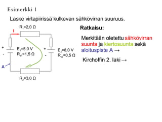 Esimerkki 1 Laske virtapiirissä kulkevan sähkövirran suuruus. Ratkaisu: Merkitään oletettu  sähkövirran suunta  ja  kiertosuunta  sekä  aloituspiste A   ->   I Kirchoffin 2. laki  -> E 2 =8,0 V R s2 =0,5  Ω R 1 =2,0  Ω R 2 =3,0  Ω E 1 =5,0 V R s1 =1,5  Ω + - + - A 