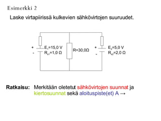 Esimerkki 2 Laske virtapiirissä kulkevien sähkövirtojen suuruudet. Ratkaisu: Merkitään oletetut  sähkövirtojen suunnat  ja  kiertosuunnat  sekä  aloituspiste(et) A   ->   E 2 =5,0 V R s2 =2,0  Ω R=30,0 Ω E 1 =15,0 V R s1 =1,0  Ω + - + - 