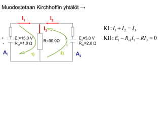 I 1 I 2 I 3 1) 2) A 1 A 2 Muodostetaan Kirchhoffin yhtälöt  -> E 2 =5,0 V R s2 =2,0  Ω R=30,0 Ω E 1 =15,0 V R s1 =1,0  Ω + - + - 