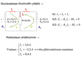 I 1 I 2 I 3 1) 2) A 1 A 2 Ratkaistaan yhtälöryhmä  -> Muodostetaan Kirchhoffin yhtälöt  -> E 2 =5,0 V R s2 =2,0  Ω R=30,0 Ω E 1 =15,0 V R s1 =1,0  Ω + - + - 