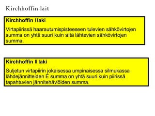 Kirchhoffin lait Kirchhoffin I laki Virtapiirissä haarautumispisteeseen tulevien sähkövirtojen summa on yhtä suuri kuin siitä lähtevien sähkövirtojen summa. Kirchhoffin II laki Suljetun virtapiirin jokaisessa umpinaisessa silmukassa lähdejännitteiden E summa on yhtä suuri kuin piirissä tapahtuvien jännitehäviöiden summa. 