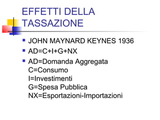 EFFETTI DELLA
TASSAZIONE




JOHN MAYNARD KEYNES 1936
AD=C+I+G+NX
AD=Domanda Aggregata
C=Consumo
I=Investimenti
G=Spesa Pubblica
NX=Esportazioni-Importazioni

 