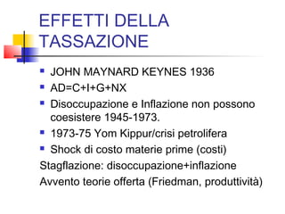 EFFETTI DELLA
TASSAZIONE
JOHN MAYNARD KEYNES 1936
 AD=C+I+G+NX
 Disoccupazione e Inflazione non possono
coesistere 1945-1973.
 1973-75 Yom Kippur/crisi petrolifera
 Shock di costo materie prime (costi)
Stagflazione: disoccupazione+inflazione
Avvento teorie offerta (Friedman, produttività)


 