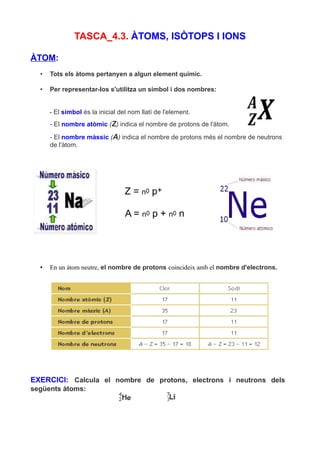 TASCA_4.3. ÀTOMS, ISÒTOPS I IONS
ÀTOM:
• Tots els àtoms pertanyen a algun element químic.
• Per representar-los s'utilitza un símbol i dos nombres:
- El símbol és la inicial del nom llatí de l'element.
- El nombre atòmic (Z) indica el nombre de protons de l'àtom.
- El nombre màssic (A) indica el nombre de protons més el nombre de neutrons
de l'àtom.
Z = n0 p+
A = n0 p + n0 n
• En un àtom neutre, el nombre de protons coincideix amb el nombre d'electrons.
EXERCICI: Calcula el nombre de protons, electrons i neutrons dels
següents àtoms:
 