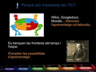   Perquè són importants les TIC? Es trenquen les fronteres del temps i l'espai.    S'amplien les possibilitats d'aprenentatge. Wikis, Googledocs, Moodle...  Afavoreix l'aprenentatge col·laboratiu. 