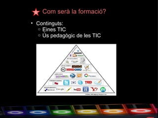 Com serà la formació? Continguts: Eines TIC Ús pedagògic de les TIC  