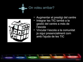 On voleu arribar? Augmentar el prestigi del centre Integrar les TIC també a la gestió del centre a més de l’escola Vincular l’escola a la comunitat ja sigui presencialment com amb l'ajuda de les TIC 