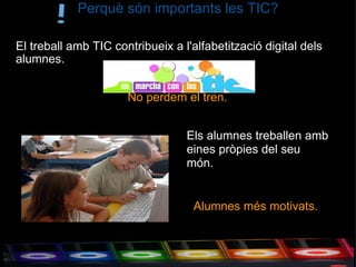 Perquè són importants les TIC? El treball amb TIC contribueix a l'alfabetització digital dels alumnes.       No perdem el tren. Alumnes més motivats. Els alumnes treballen amb eines pròpies del seu món.    