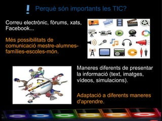 Perquè són importants les TIC? Correu electrònic, fòrums, xats, Facebook...   Més possibilitats de comunicació mestre-alumnes-famílies-escoles-món.  Maneres diferents de presentar la informació (text, imatges, vídeos, simulacions).  Adaptació a diferents maneres d'aprendre. 