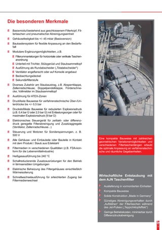 Die besonderen Merkmale
Eine kompakte Bauweise mit zahlreichen
geometrischen Variationsmöglichkeiten und
verschiedenen Filtertaschenlängen erlaubt
die optimale Anpassung an verfahrenstechni-
sche und räumliche Gegebenheiten.
•	 Basismodul bestehend aus geschlossenem Filterkopf, Fil-
tertaschen und pneumatischer Abreinigungseinheit
•	 Gehäusefestigkeit bis +/- 45 mbar (Basisversion)
•	 Baukastensystem für flexible Anpassung an den Bedarfs-
fall
•	 Modulare Ergänzungsmöglichkeiten, z.B.
•	 Filterummantelungen für horizontale oder vertikale Taschen-
anordnung
•	 Unterteil mit Trichter, Stützgerüst und Staubsammeltopf
•	 Ausführung als Rundabscheider („Totalabscheider")
•	 Ventilator angeflanscht oder auf Konsole angebaut
•	 Beobachtungsdeckel
•	 Sekundärfilterstufe
•	 Diverses Zubehör am Staubaustrag, z.B. Absperrklappe,
Zellenradschleuse, Doppelpendelklappe, Förderschne-
cke, Vollmelder im Staubsammeltopf
•	 Ausführung für ATEX-Zonen
•	 Druckfeste Bauweise für verfahrenstechnische Über-/Un-
terdrücke bis +/- 0,5 bar
•	 Druckstoßfeste Bauweise für reduzierten Explosionsdruck
(z.B. 0,4 bar Ü oder 2,0 bar Ü) mit Entlastungsorgan oder für
maximalen Explosionsdruck (9 bar Ü)
•	 Elektronisches Steuergerät für zeittakt- oder differenz-
druck geregelte Filterabreinigung und Zusatzaggregate
(Ventilator, Zellenradschleuse...)
•	 Steuerung und Motoren für Sonderspannungen, z. B.
500 V
•	 Alle Gehäuse- und Einbauteile oder Bauteile in Kontakt
mit dem Produkt / Staub aus Edelstahl
•	 Filtermedien in verschiedenen Qualitäten (z.B. FDA-kon-
form für die Lebensmittelindustrie)
•	 Heißgasausführung bis 240 °C
•	 Schallreduzierende Zusatzausrüstungen für den Betrieb
in lärmsensiblen Umgebungen
•	 Elektrische Beheizung des Filtergehäuses einschließlich
Wärmeisolierung
•	 Schnellwechselausführung für erleichterten Zugang bei
Filtermedienwechsel
Wirtschaftliche Entstaubung mit
dem AJN Taschenfilter
•	 Auslieferung in vormontierten Einheiten
•	 Kompakte Bauweise
•	 Solide Konstruktion „Made in Germany“
•	 Günstiges Abreinigungsverhalten durch
„Aufblähen“ der Filtertaschen während
des Jet-Pulses („Teppichklopfeffekt“)
•	 Geringe Betriebskosten, minimierbar durch
Differenzdruckabreinigung
3
 