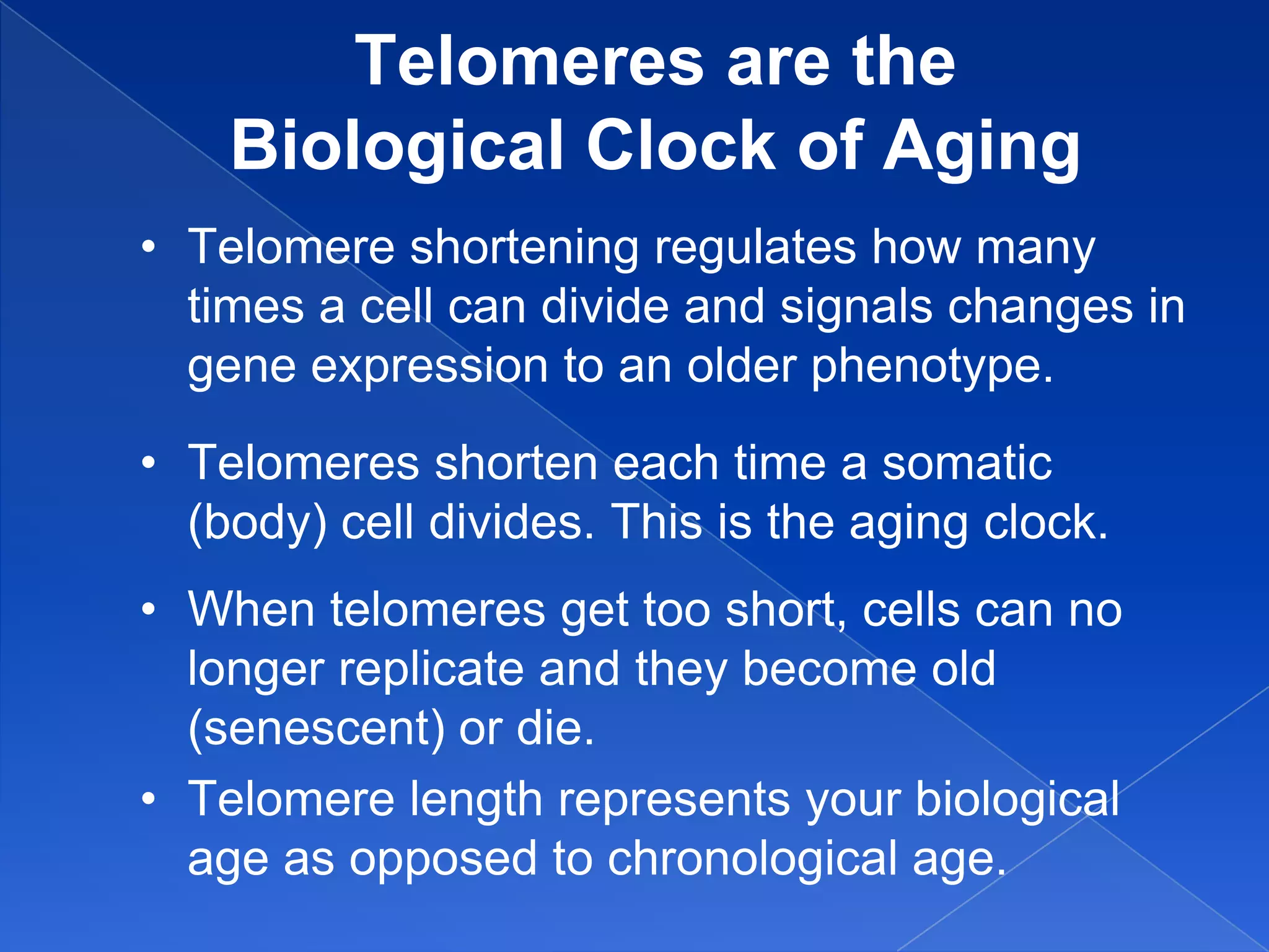 Telomeres are the
    Biological Clock of Aging
• Telomere shortening regulates how many
  times a cell can divide and signals changes in
  gene expression to an older phenotype.
• Telomeres shorten each time a somatic
  (body) cell divides. This is the aging clock.
• When telomeres get too short, cells can no
  longer replicate and they become old
  (senescent) or die.
• Telomere length represents your biological
  age as opposed to chronological age.
 