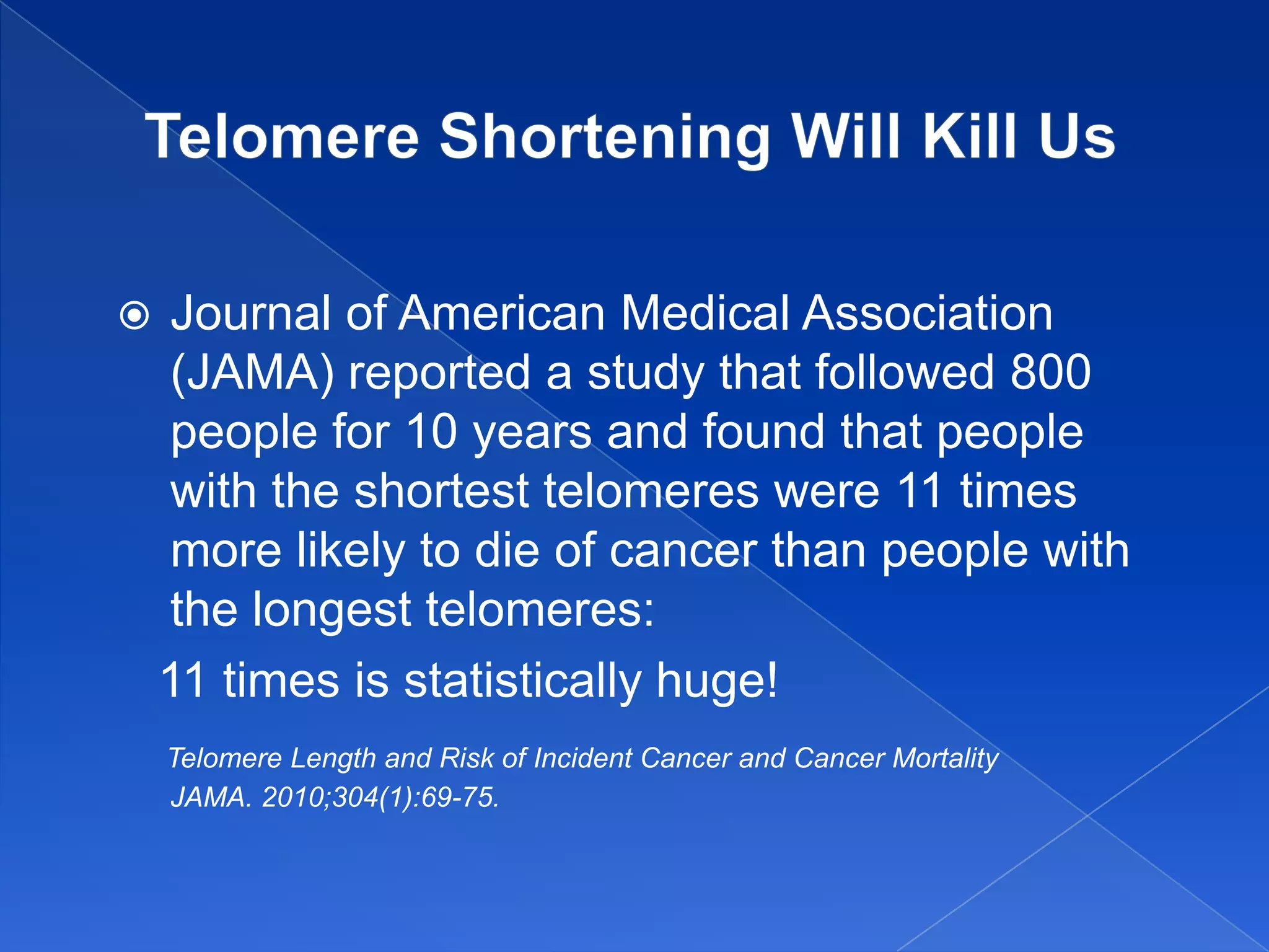     Journal of American Medical Association
     (JAMA) reported a study that followed 800
     people for 10 years and found that people
     with the shortest telomeres were 11 times
     more likely to die of cancer than people with
     the longest telomeres:
    11 times is statistically huge!
    Telomere Length and Risk of Incident Cancer and Cancer Mortality
    JAMA. 2010;304(1):69-75.
 