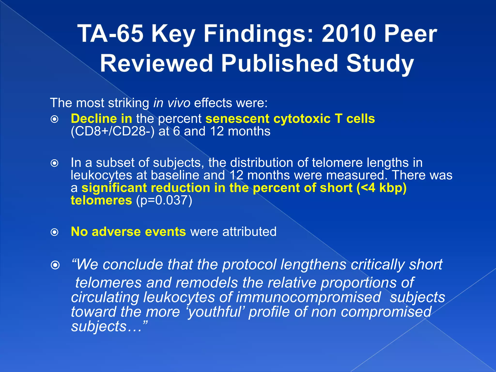 The most striking in vivo effects were:
 Decline in the percent senescent cytotoxic T cells
   (CD8+/CD28-) at 6 and 12 months

   In a subset of subjects, the distribution of telomere lengths in
    leukocytes at baseline and 12 months were measured. There was
    a significant reduction in the percent of short (<4 kbp)
    telomeres (p=0.037)

   No adverse events were attributed

   “We conclude that the protocol lengthens critically short
     telomeres and remodels the relative proportions of
    circulating leukocytes of immunocompromised subjects
    toward the more „youthful‟ profile of non compromised
    subjects…”
 