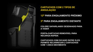 CARTUCHOS COM 2 TIPOS DE
ANGULAÇÃO
12O PARA ENGAJAMENTO PRÓXIMO
3O PARA ENGAJAMENTO DISTANTE
COLDRE SAFARILAND® DESENHADO PARA
A TASER
PORTA-CARTUCHO REMOVÍVEL PARA
RECARGA RÁPIDA
CARTUCHOS COM EXCAIXE ENTRE ELES
PERMITE RECARREGAR 2 CARTUCHOS
COM 1 ÚNICO MOVIMENTO
 