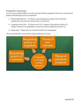 Competitive Advantage
As we are new in Indian market so we have any kind of direct competition. We are new in this kind of
product. But following can be our competitors Chinese Manufacturers – As China is expert imitating any product in the world, their
manufacturers may come up with the same in lower prices.
 Competitors from USA – As Taser are an U.S.A. company. These pens are sold in U.S.
already. In future, if we go globally, we may face a direct competition from the U.S.
 Pepper spray – Pepper spray is an old item used for the same purpose.
We can conclude that we do not have a huge competition as of now.

Page 10 of 13

 