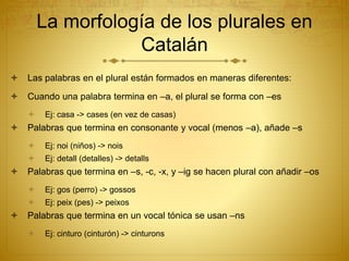 La morfología de los plurales en
Catalán
 Las palabras en el plural están formados en maneras diferentes:
 Cuando una palabra termina en –a, el plural se forma con –es
 Ej: casa -> cases (en vez de casas)
 Palabras que termina en consonante y vocal (menos –a), añade –s
 Ej: noi (niños) -> nois
 Ej: detall (detalles) -> detalls
 Palabras que termina en –s, -c, -x, y –ig se hacen plural con añadir –os
 Ej: gos (perro) -> gossos
 Ej: peix (pes) -> peixos
 Palabras que termina en un vocal tónica se usan –ns
 Ej: cinturo (cinturón) -> cinturons
 
