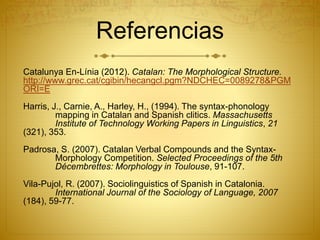 Referencias
Catalunya En-Línia (2012). Catalan: The Morphological Structure.
http://www.grec.cat/cgibin/hecangcl.pgm?NDCHEC=0089278&PGM
ORI=E
Harris, J., Carnie, A., Harley, H., (1994). The syntax-phonology
mapping in Catalan and Spanish clitics. Massachusetts
Institute of Technology Working Papers in Linguistics, 21
(321), 353.
Padrosa, S. (2007). Catalan Verbal Compounds and the Syntax-
Morphology Competition. Selected Proceedings of the 5th
Décembrettes: Morphology in Toulouse, 91-107.
Vila-Pujol, R. (2007). Sociolinguistics of Spanish in Catalonia.
International Journal of the Sociology of Language, 2007
(184), 59-77.
 