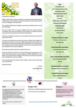 2
Mairie
33,RueNotreDame
83136SainteAnastasiesurIssole
s.anastasie@orange.fr
Lundi/Mardi/Jeudi/Vendredi
08h00-12h00
Mercre...