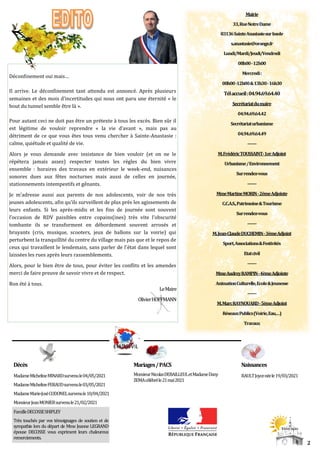 2
Mairie
33,RueNotreDame
83136SainteAnastasiesurIssole
s.anastasie@orange.fr
Lundi/Mardi/Jeudi/Vendredi
08h00-12h00
Mercre...