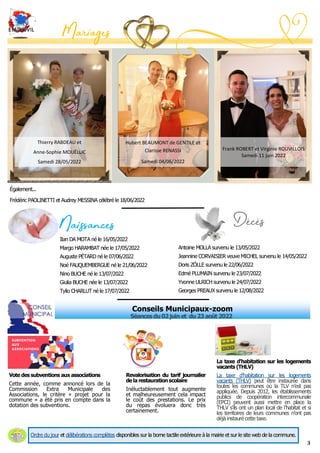 3
Conseils Municipaux-zoom
Séances du02juin et du 23 août 2022
Ordre du jour et délibérations complètes disponibles sur la...