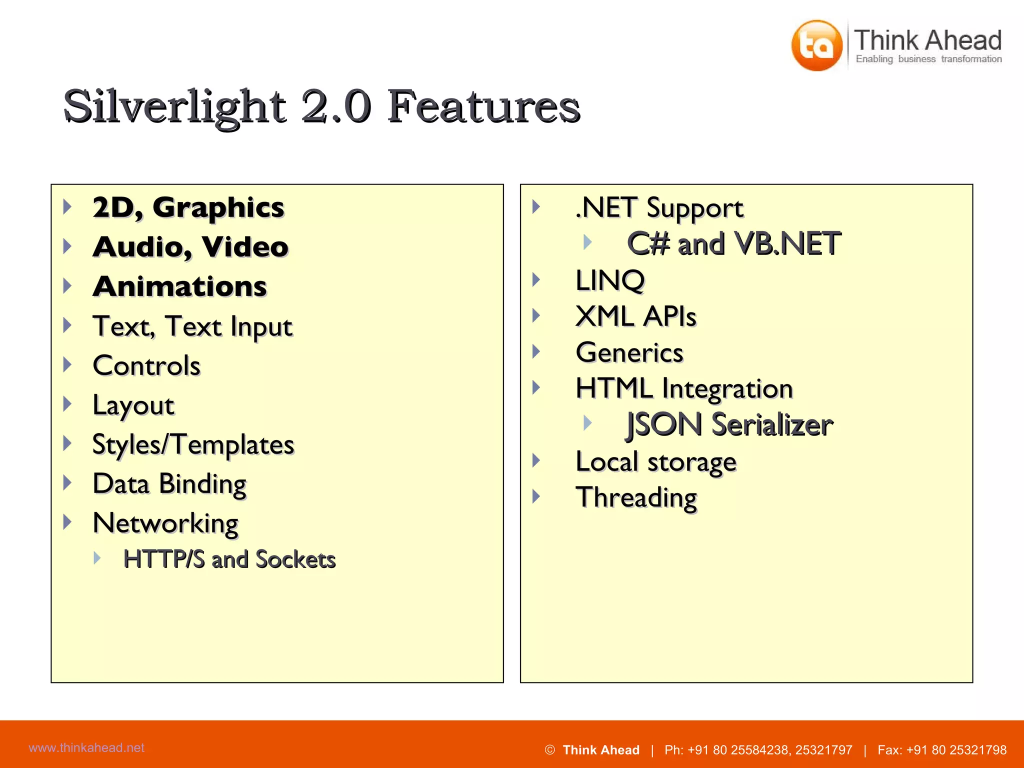 Silverlight 2.0 Features 2D, Graphics  Audio, Video Animations Text, Text Input Controls Layout Styles/Templates Data Binding Networking HTTP/S and Sockets .NET Support C# and VB.NET LINQ XML APIs Generics HTML Integration JSON Serializer Local storage Threading 