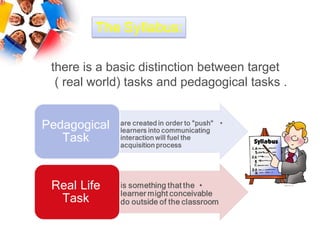 there is a basic distinction between target
 ( real world) tasks and pedagogical tasks .
 