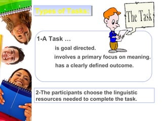 Types of Tasks:
Types of Tasks:


1-A Task …
       is goal directed.
       involves a primary focus on meaning.
       has a clearly defined outcome.




2-The participants choose the linguistic
resources needed to complete the task.
 