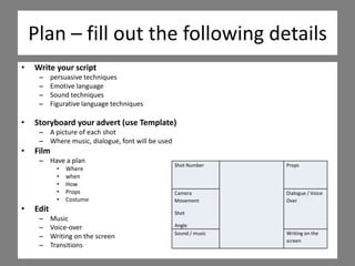 Plan – fill out the following details
• Write your script
– persuasive techniques
– Emotive language
– Sound techniques
– Figurative language techniques
• Storyboard your advert (use Template)
– A picture of each shot
– Where music, dialogue, font will be used
• Film
– Have a plan
• Where
• when
• How
• Props
• Costume
• Edit
– Music
– Voice-over
– Writing on the screen
– Transitions
Shot Number Props
Camera
Movement
Shot
Angle
Dialogue / Voice
Over
Sound / music Writing on the
screen
 