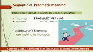  Tasks prioritize PRAGMATIC MEANING
 and neglects SEMANTIC MEANING
Widdowson’s Example:
I am walking to the door.
10
Criticism by Widdowson is about pragmatic and semantic meaning of task:
 