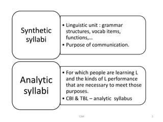 Synthetic
syllabi

• Linguistic unit : grammar
structures, vocab items,
functions,…
• Purpose of communication.

Analytic
syllabi

• For which people are learning L
and the kinds of L performance
that are necessary to meet those
purposes.
• CBI & TBL – analytic syllabus
CSM

2

 