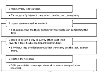 S make errors. T notes them.
• T x necessarily interupt the s when they focused on meaning.
S papers were marked for content
• S should receive feedback on their level of success in completing the
task.
S asked to design a way to survey other s abt their
favorite n least f subjects. Report their findings.
• S hv input into the design n way that they carry out the task. Interact
more.
S repots in the next class

• Public presentation encourages s to work on accuracy n organization
(meaning)
CSM

6

 